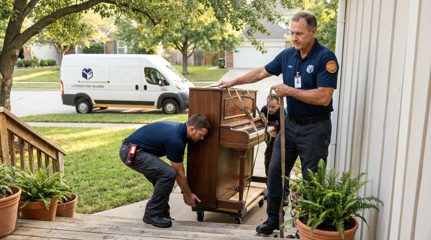 Licensed piano movers securing grand piano in Paoli, IN