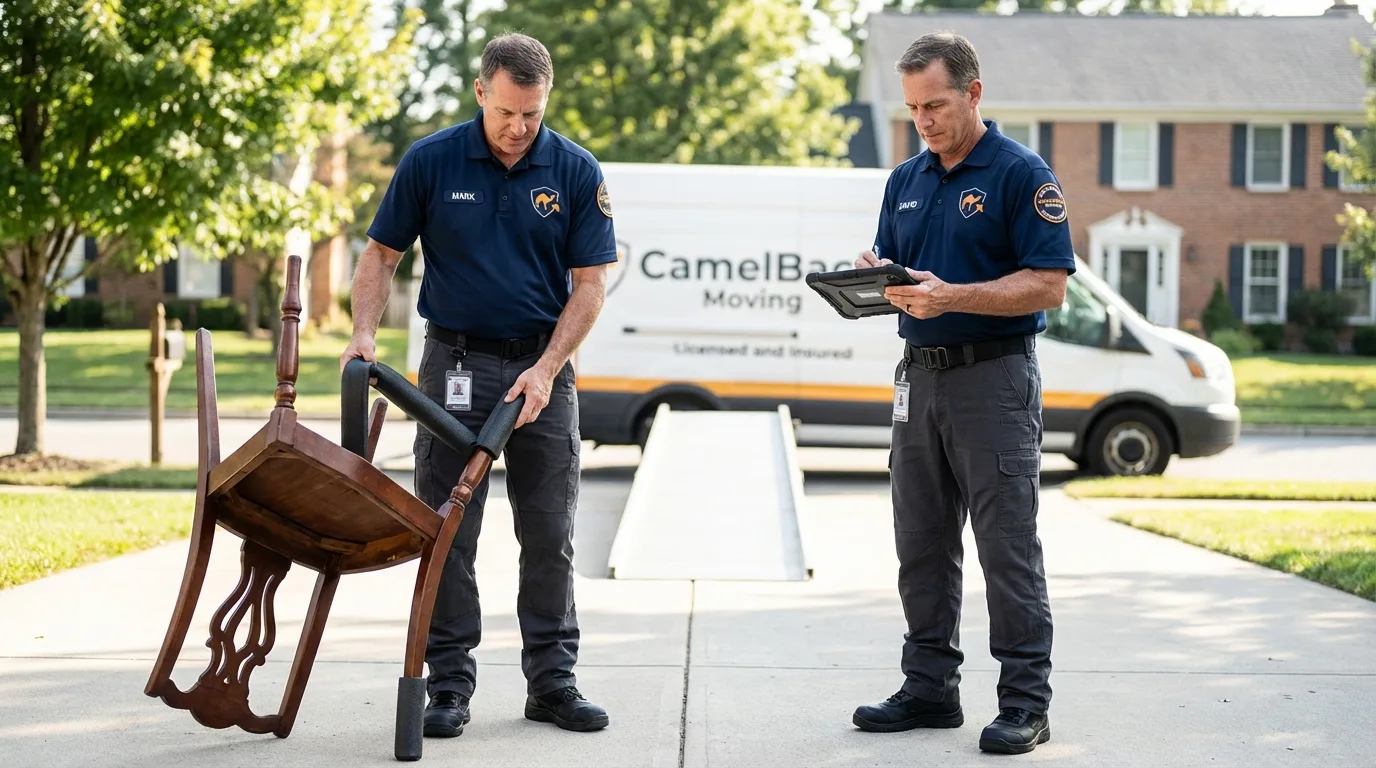 Movers inspecting furniture for damage prevention before loading in Paoli, IN