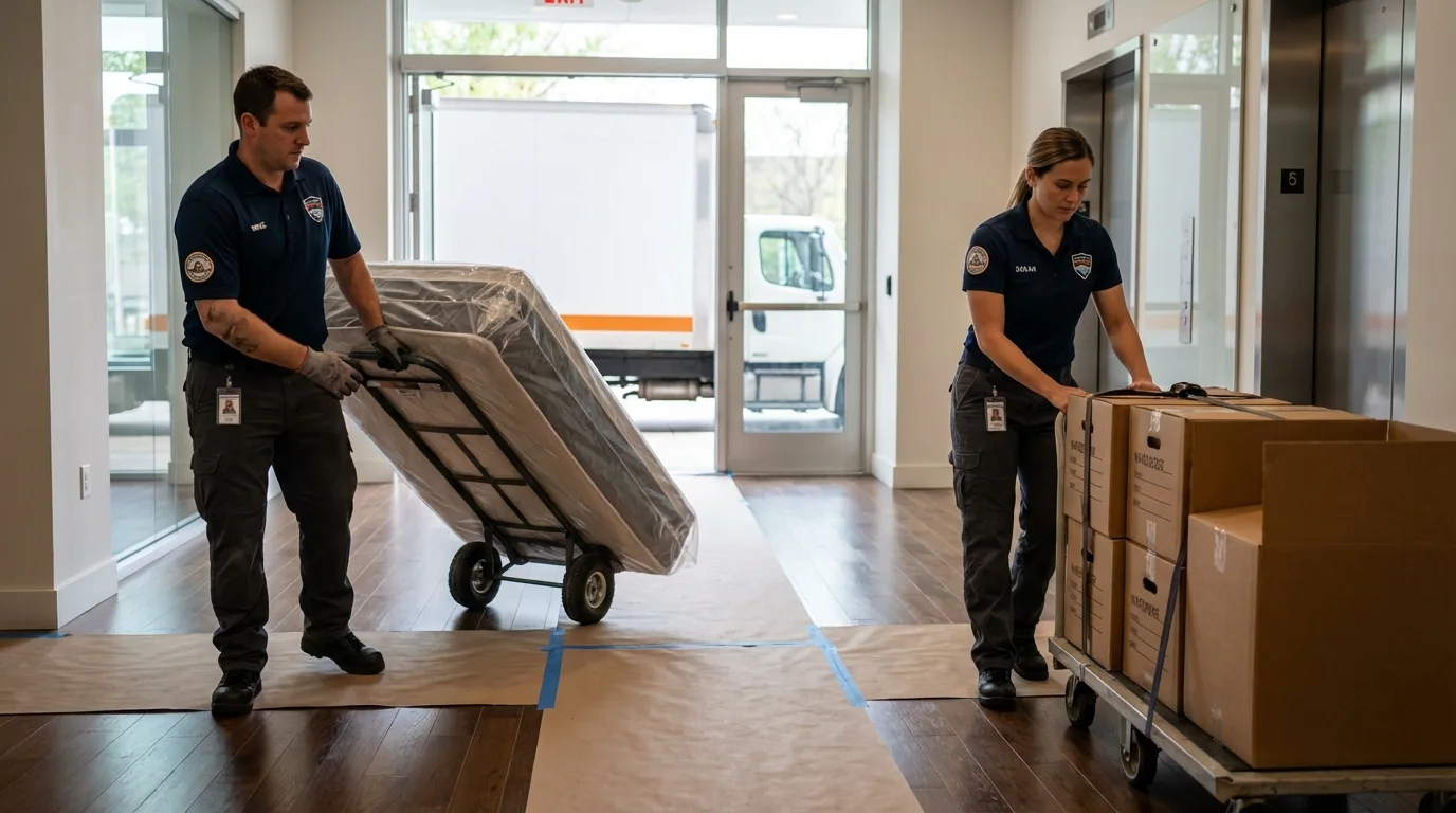 Professional apartment movers loading elevator in Paoli, IN