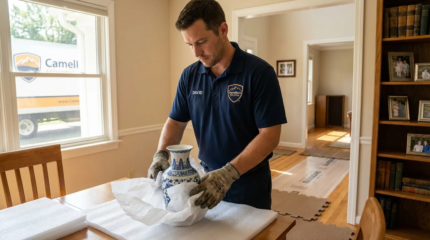 Professional crew carefully wrapping antique vase for senior downsizing move in Paoli, IN